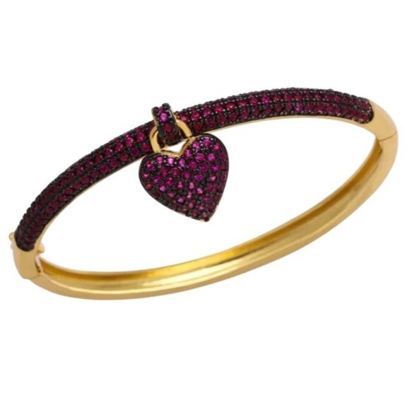 Womens Pink Zircon Heart Bracelet Gold Plated Charm Hinged Bangle 7 Inch - Picture 1 of 6